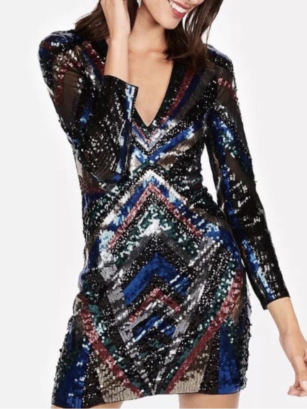 Express Black Multi Sequin V-Neck Long Sleeve Mini Dress